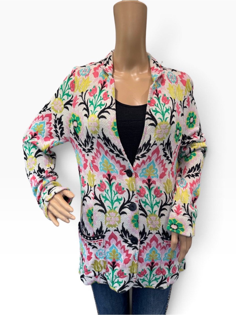 Aldo Martins M Tulip Floral Bright Multi-Color Yellow Green Knit Blazer Jacket